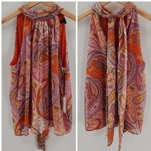 1. State Orange Paisley Sleeveless Halter Top w/ Tie Neck Womens Size Sm…